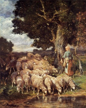 小川の近くの羊飼いと群れ 動物作家シャルル・エミール・ジャック Oil Paintings